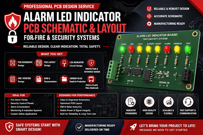 design alarm led indicator pcb schematics and layouts for fire security system
