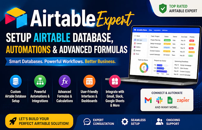 be your airtable expert setup airtable database, automations advanced formulas