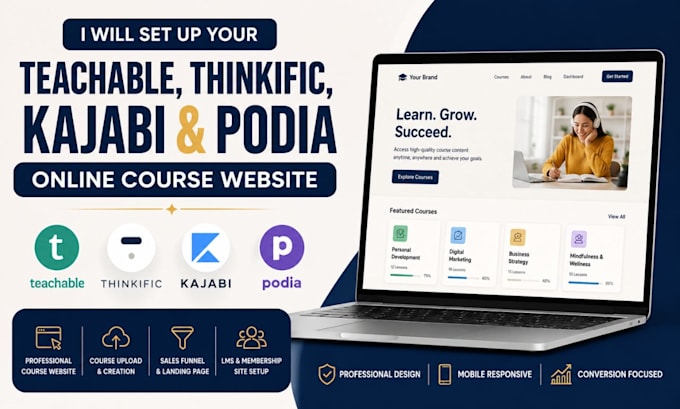 build your teachable website learnworlds kajabi podia thinkific course website