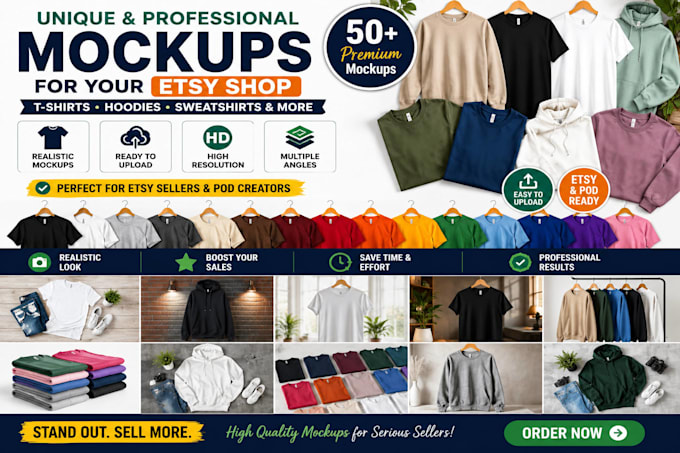 create etsy t shirt, sweatshirt and hoodie mockups