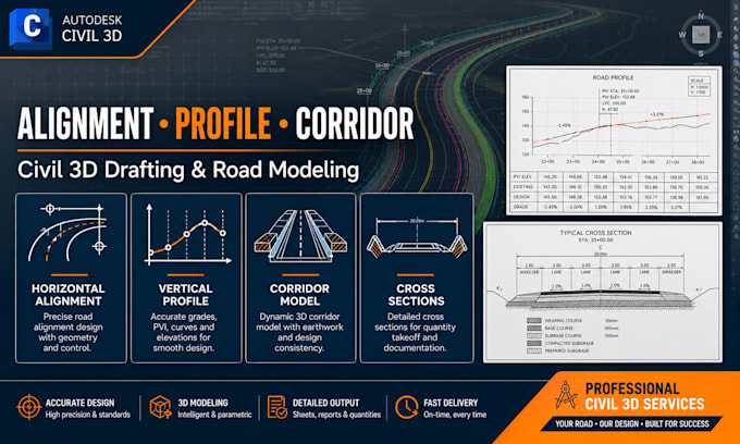 create civil 3d road alignment, profile, corridor and quantity takeoff