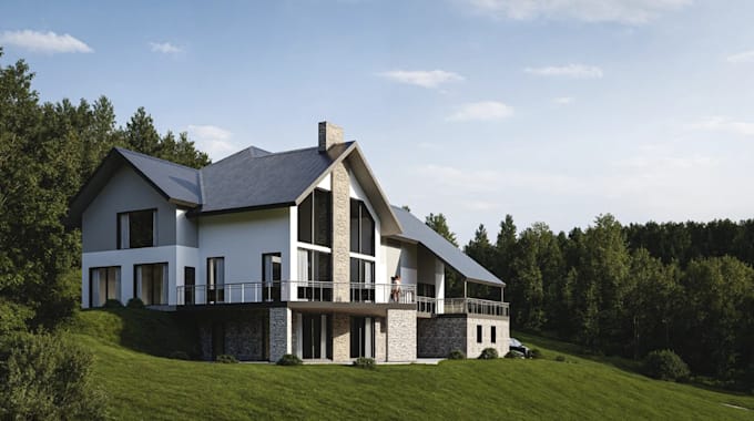 visualize 3d semi detached duplexes,suburban living,patio,facade exterior render