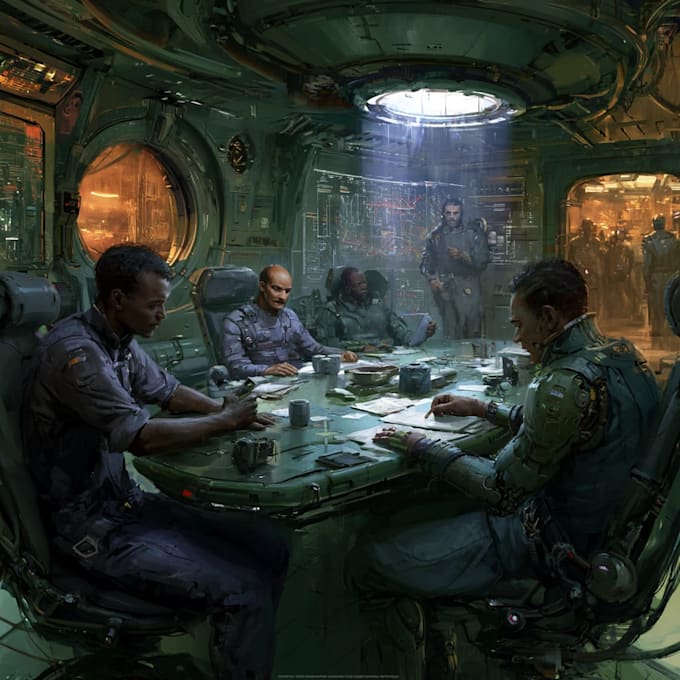 design stunning sci fi illustration group, sci fi team art