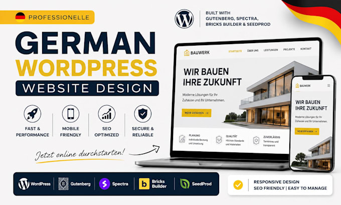 do german wordpress website using gutenberg spectra, bricks builder and seedprod