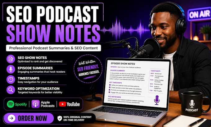 write SEO podcast show notes summaries and timestamps