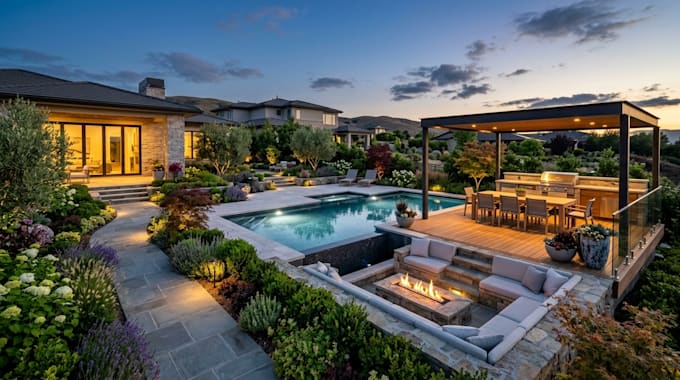 do luxury landscape backyard patio pool outdoor living space and 3d rendering