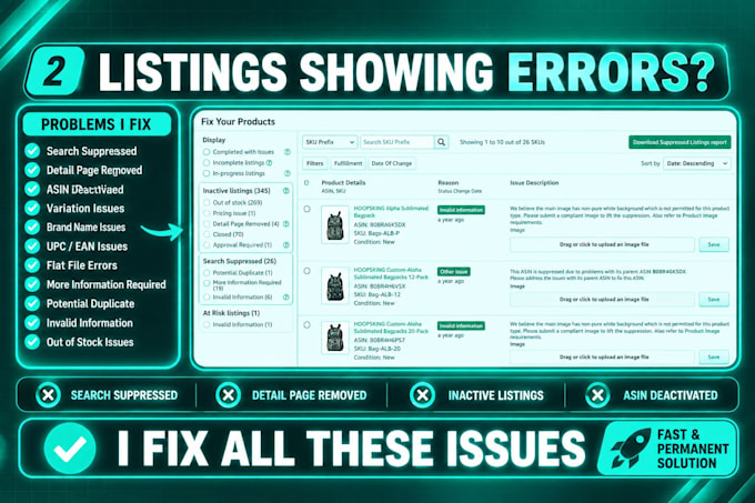 fix amazon listing variation, parent child listing issues, account health issues