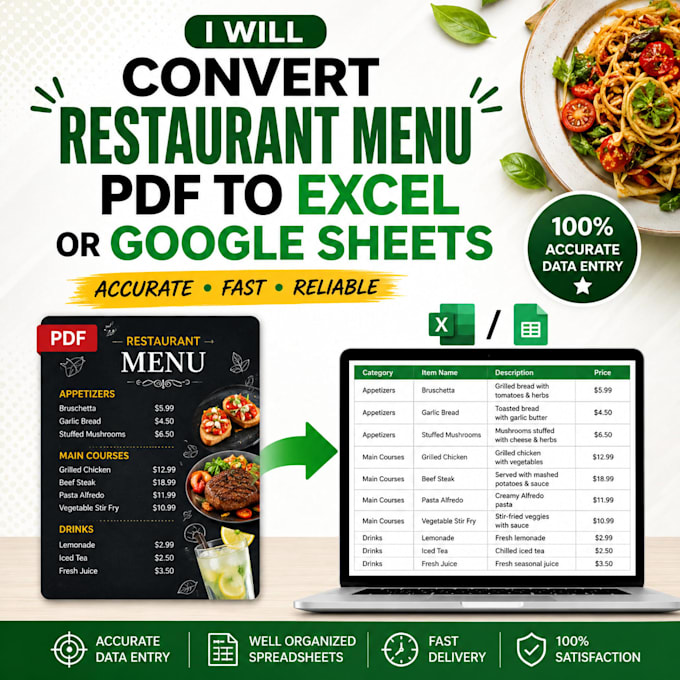 do restaurant menu data entry, PDF to excel or google sheets