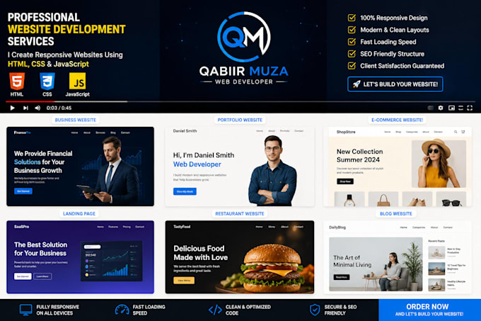 create a responsive website using HTML, CSS and javascript