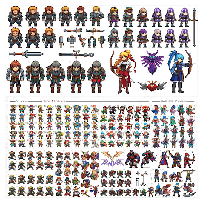 create pixel art game assets, characters, backgrounds and animated sprite sheets