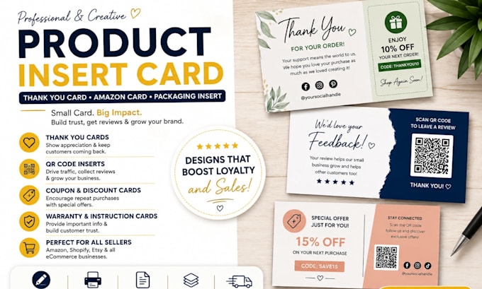 design premium product insert card thank you card, amazon card, packaging insert