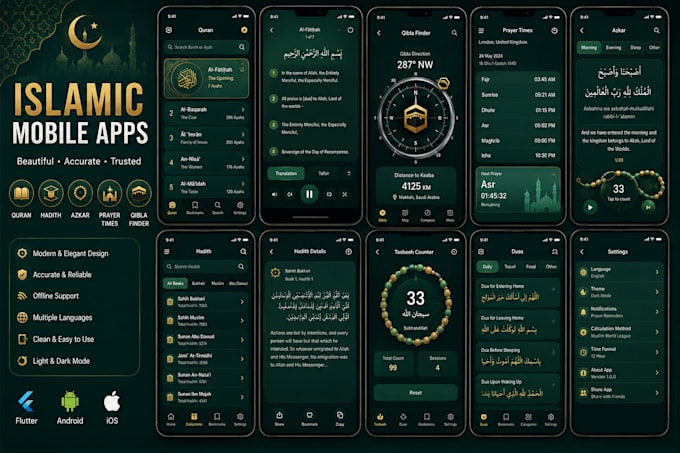 develop islamic noble quran app, hadith app, azkar, qibla prayer app, qibla find