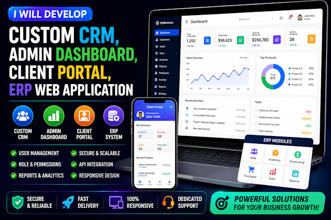 develop a custom CRM, admin dashboard, client portal, erp web application