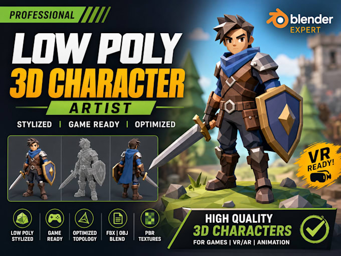create a low poly 3d game character for mobile and VR games