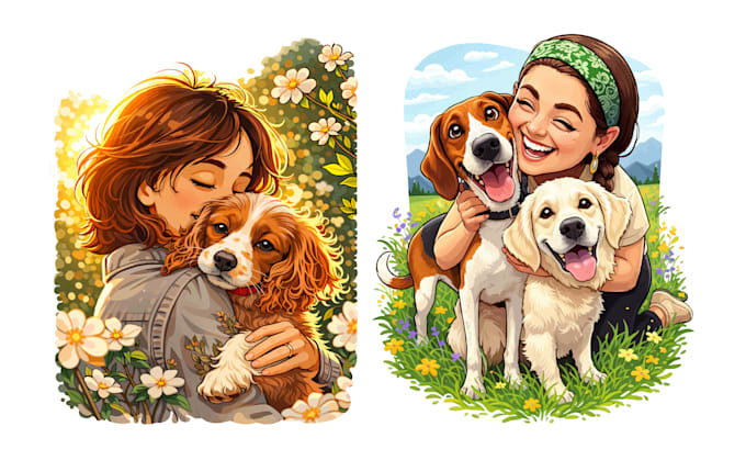 create cutom pet and owner caricature vector art