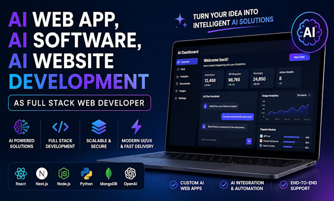 do ai web app, ai software, ai website development as full stack web developer