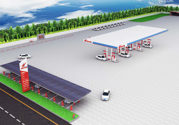 ev charging station 3d visualization,solar rooftop,waiting lounge,car services