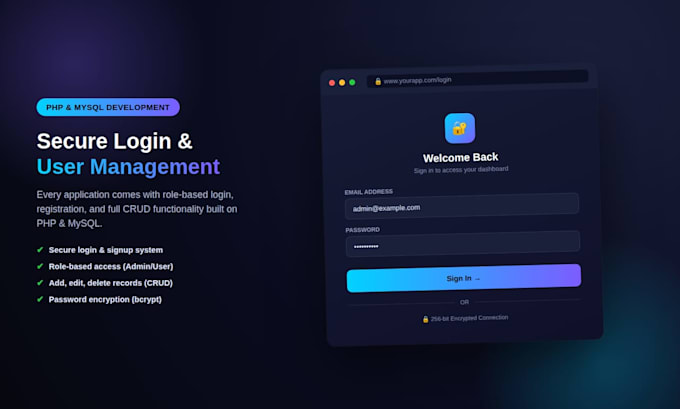 build custom PHP mysql we application with admin dashboard
