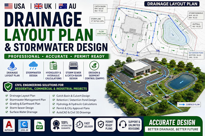 usa UK au drainage layout plan, stormwater design