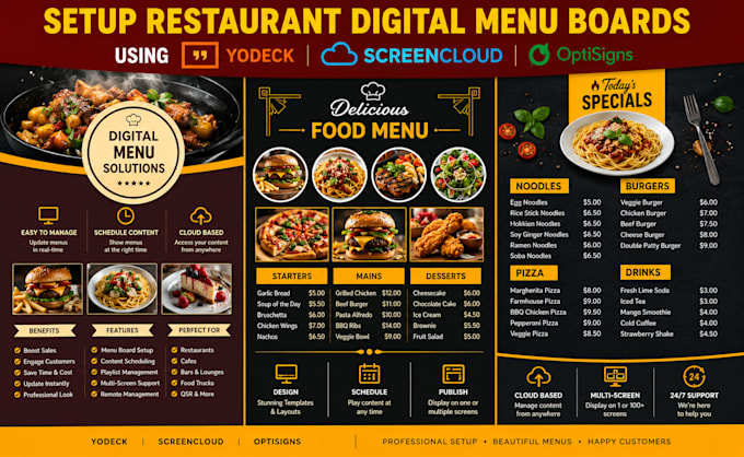 setup restaurant digital menu boards using yodeck screencloud optisigns