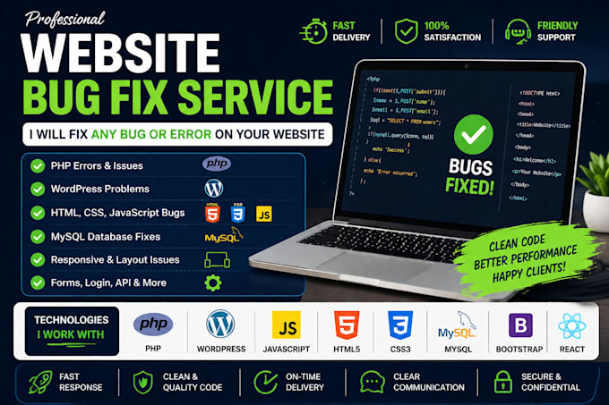 fix PHP, HTML, CSS, javascript and wordpress website bugs