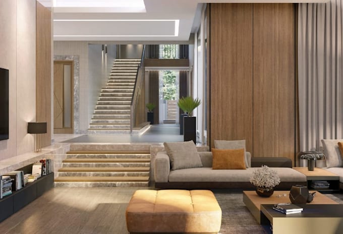 redesign 3d luxury modern internal space, plan living room, realistic cgi render