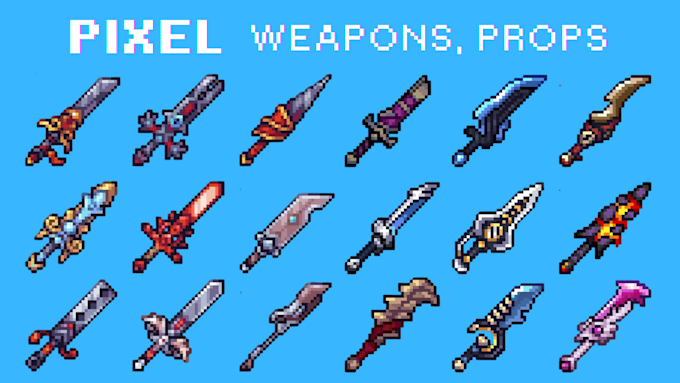 do 8bit 16bit pixel art assets pixel icons items objects weapon props sprites