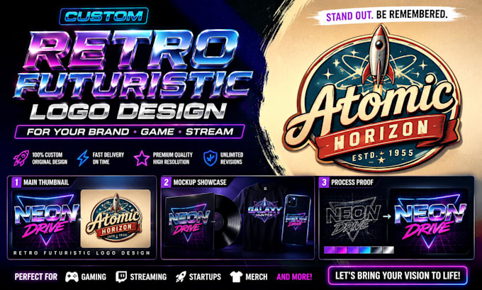 design retro futuristic atompunk synthwave logo branding and graphics