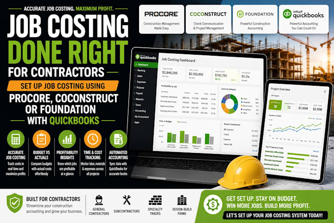 set up job costing for contractors using procore, coconstruct or foundation, qb