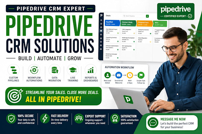 pipedrive full CRM buildout custom pipeline automations data migration training
