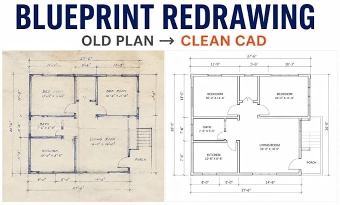 redraw old blueprints into clean 2d autocad floor plans