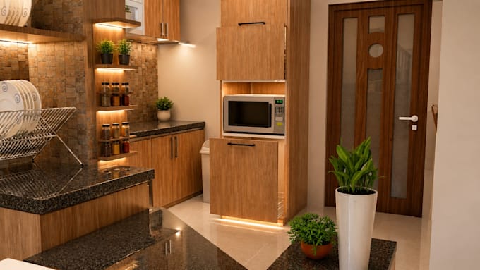 design a functional kitchen interior with smart storage solutions