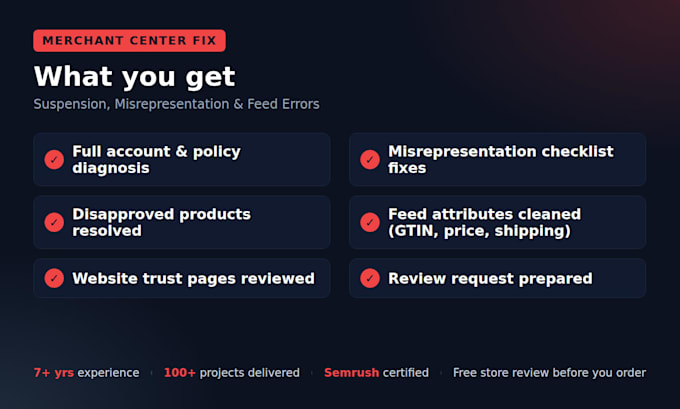 fix google merchant center suspension, misrepresentation and feed errors