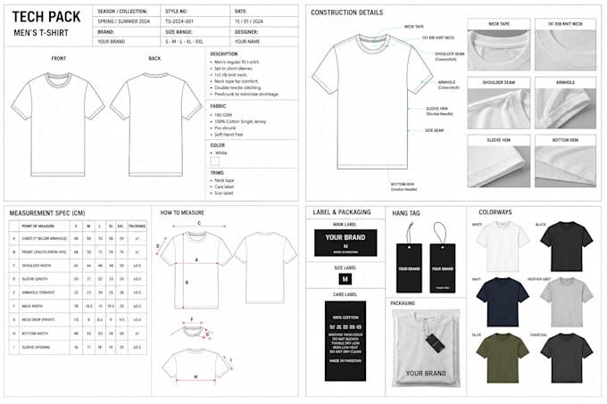 make a production ready apparel tech pack with specs and bom