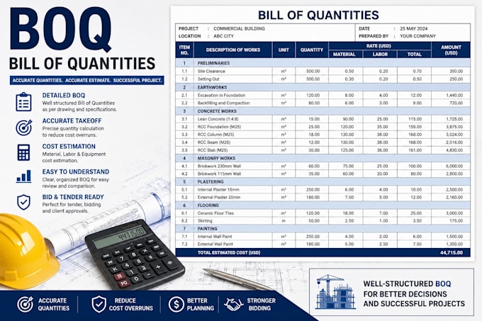 provide construction planning, boq, construction estimation, building takeoff