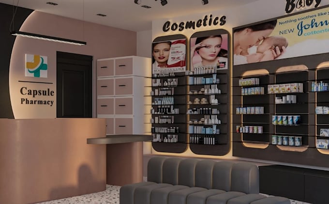 accentuate 3d pharmacy store,3d clinic design,cgi medical store, interior design