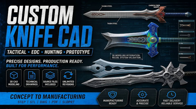 custom knife cad model for tactical, edc, hunting and prototype development