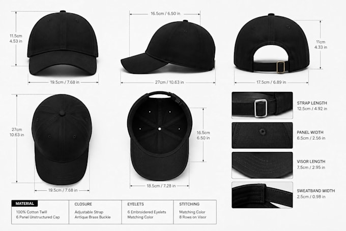 design cap tech pack, hat tech pack, headwear tech pack, 3d mockup, cads