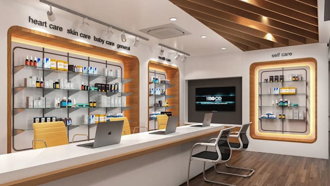 reset 3d retail pharmacy, healthcare interior, store layout, cgi counter render