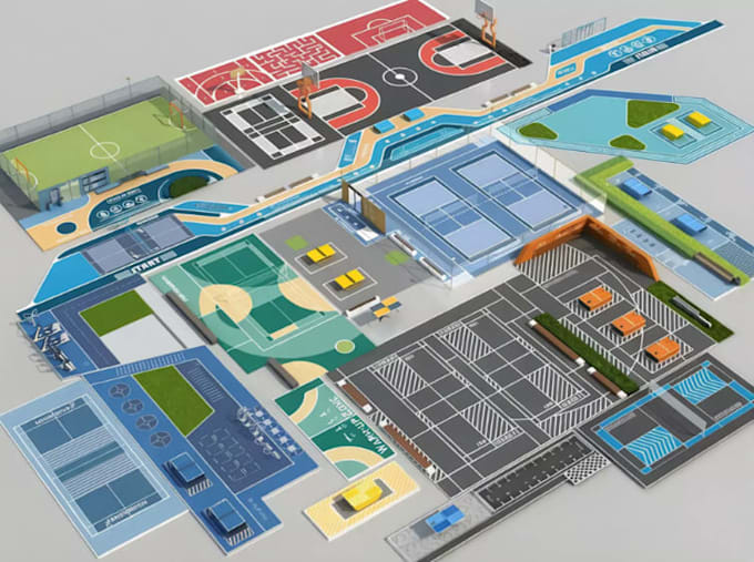 develop 3d sport complex, functional zones design, recreational ground rendering
