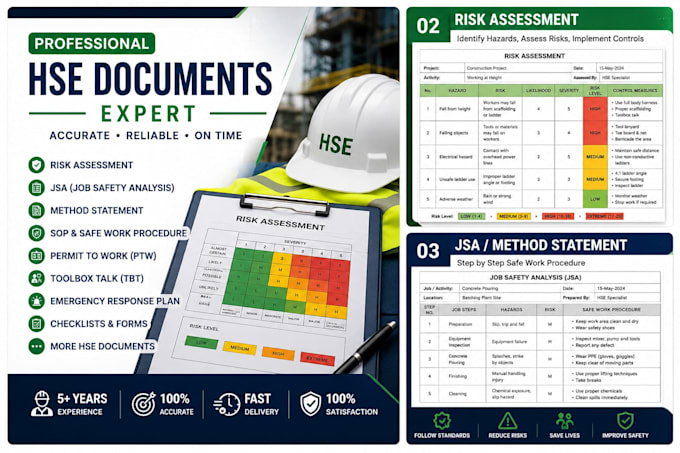 prepare professional risk assessment,jsa,method statement and hse documents