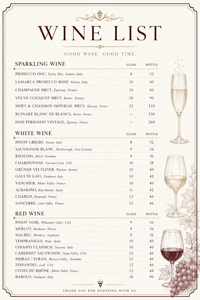 design an elegant wine list menu