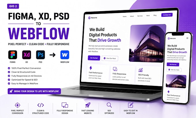 convert figma, adobe xd or PSD to responsive webflow website