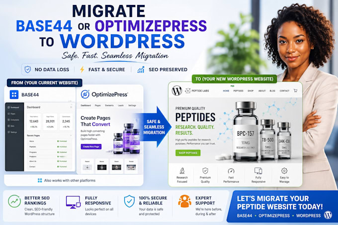 migrate base44 optimizepress or build fda compliant peptide wordpress website