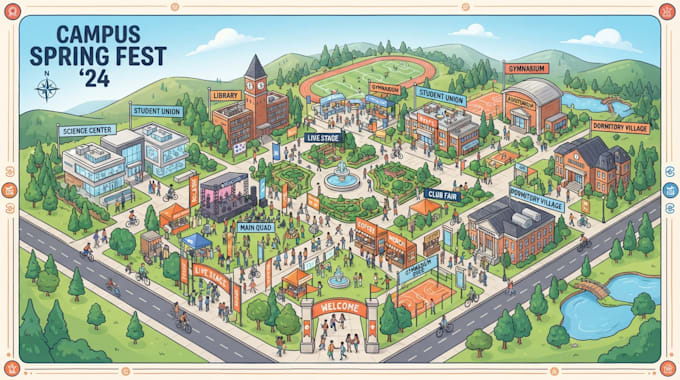 render 3d isometric event map, college map or 2d map and vector illustration