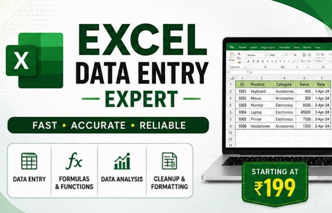 do excel data entry, pivot tables, formatting, charts and graphs