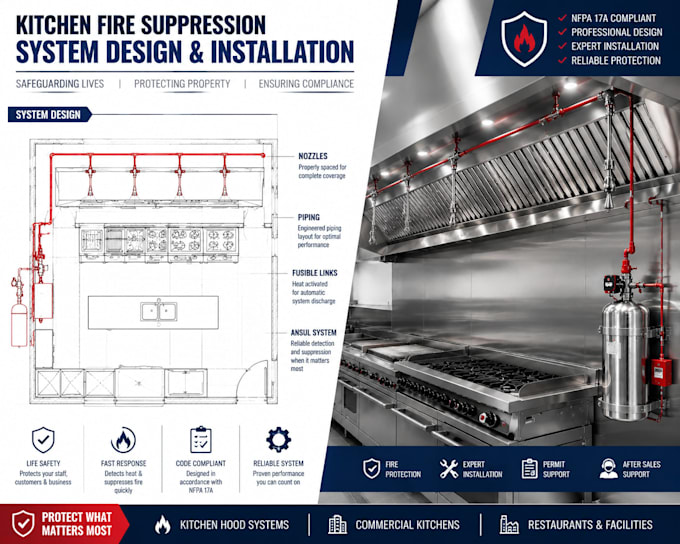 draw commercial kitchen hood layout and fire suppression system design