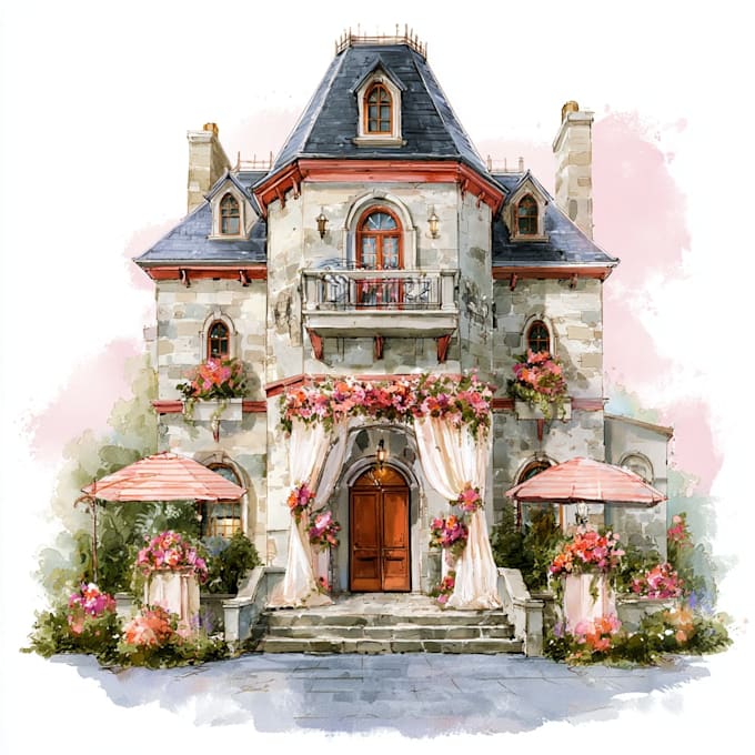 draw watercolor wedding venue, house and building