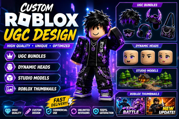 design roblox ugc bundles, dynamic heads, studio models and thumbnails