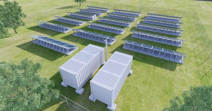 convert 2d to large scale solar panel, electrical layout, farm photorealism cgi